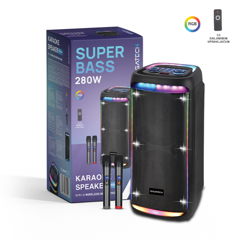 AKCIJA - Zvučnik Gigatech BSK-540 (FM/USB/TF/BT/AUX/TWS) 2x10 karaoke s 2 wireless mikrofona
